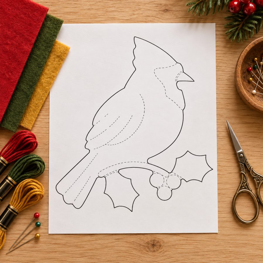 Printed Cardinal pattern on the table with felt, scissors and floss