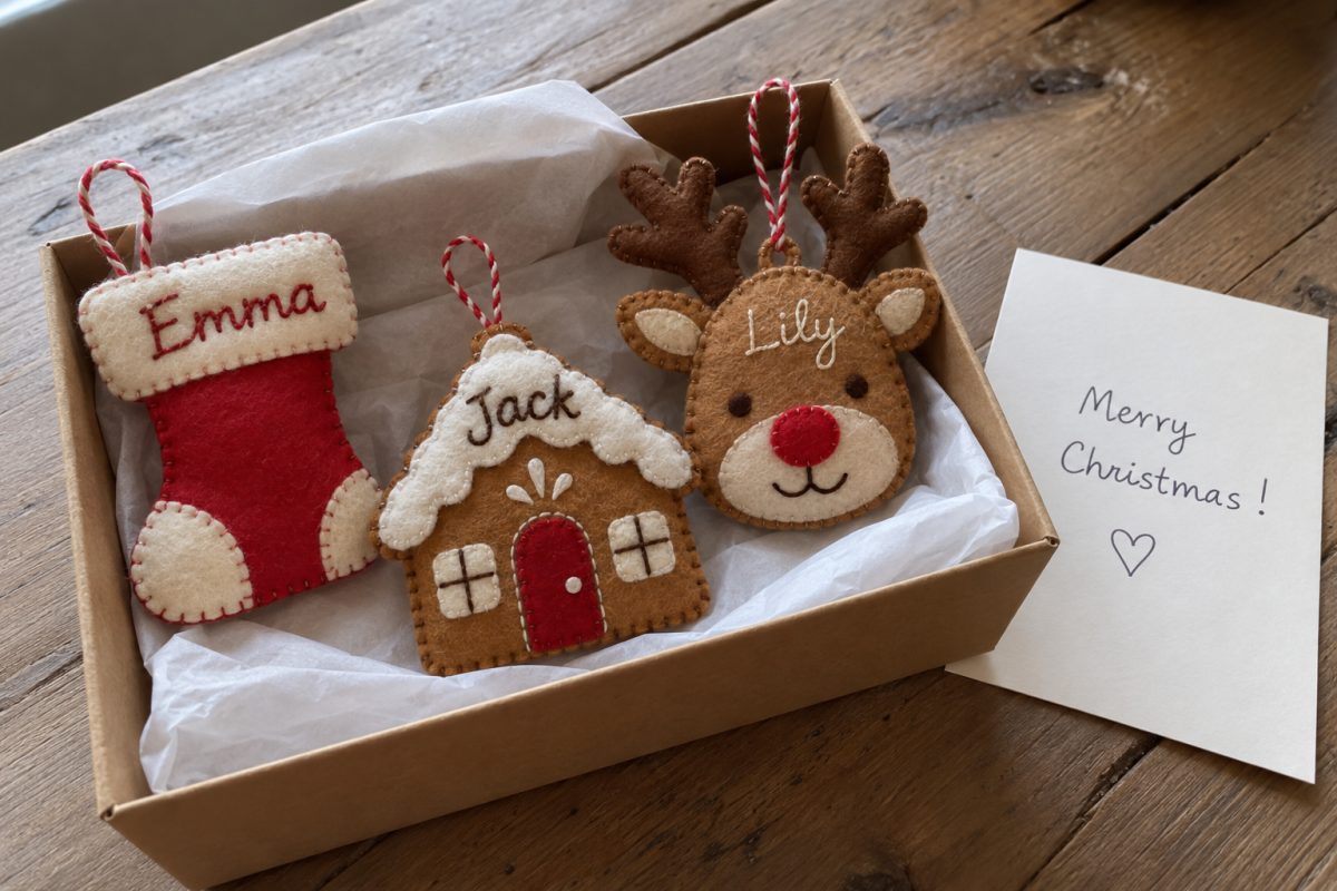 Gift box with three felt ornaments personalised with names